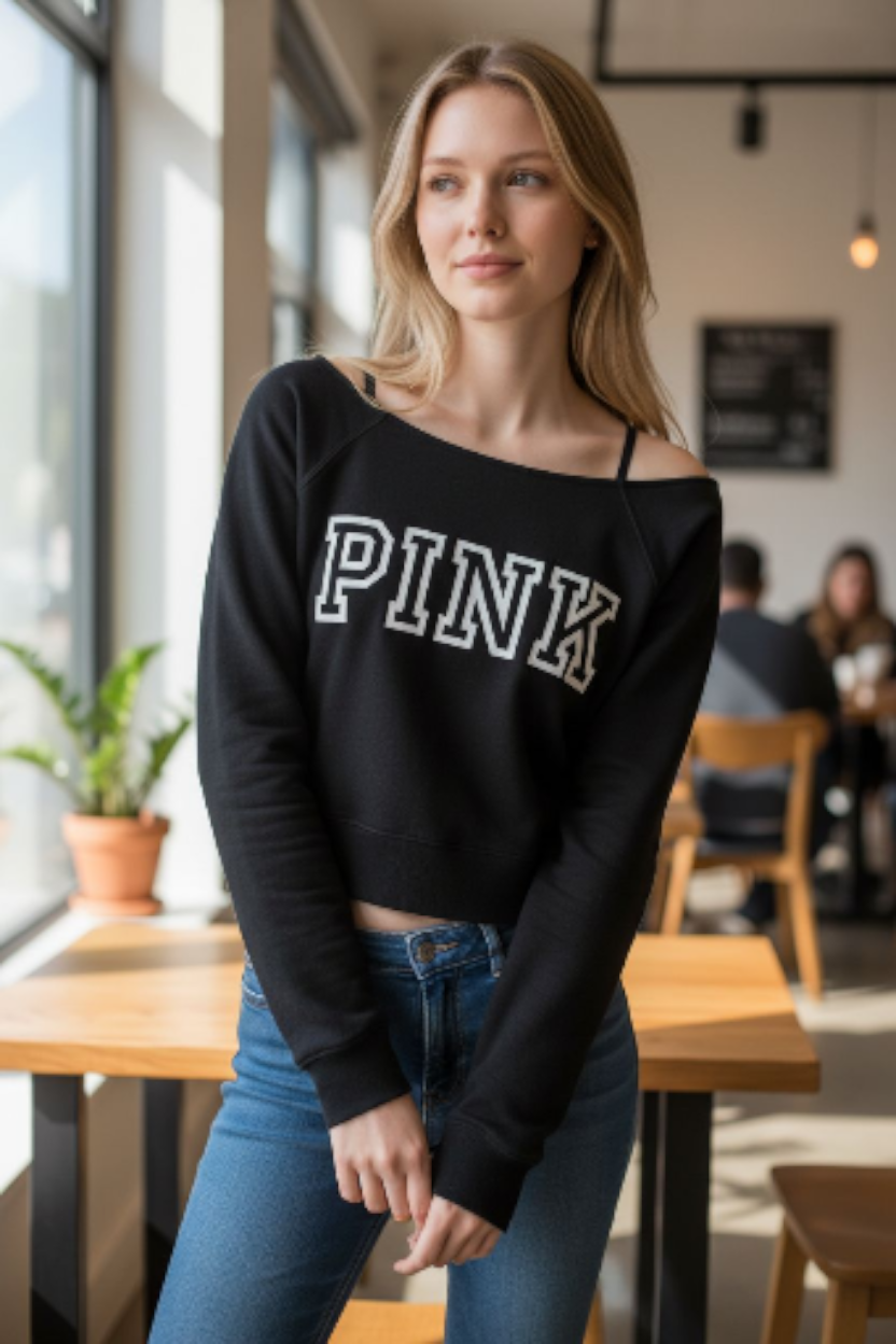 Polerón PINK Negro – Corte Crop, Estilo Urbano